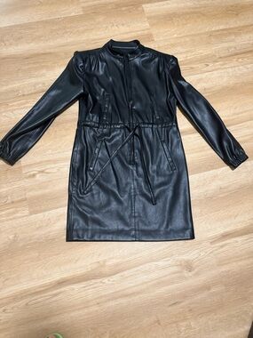 Women's Black Faux Leather Drawstring Jacket Coat